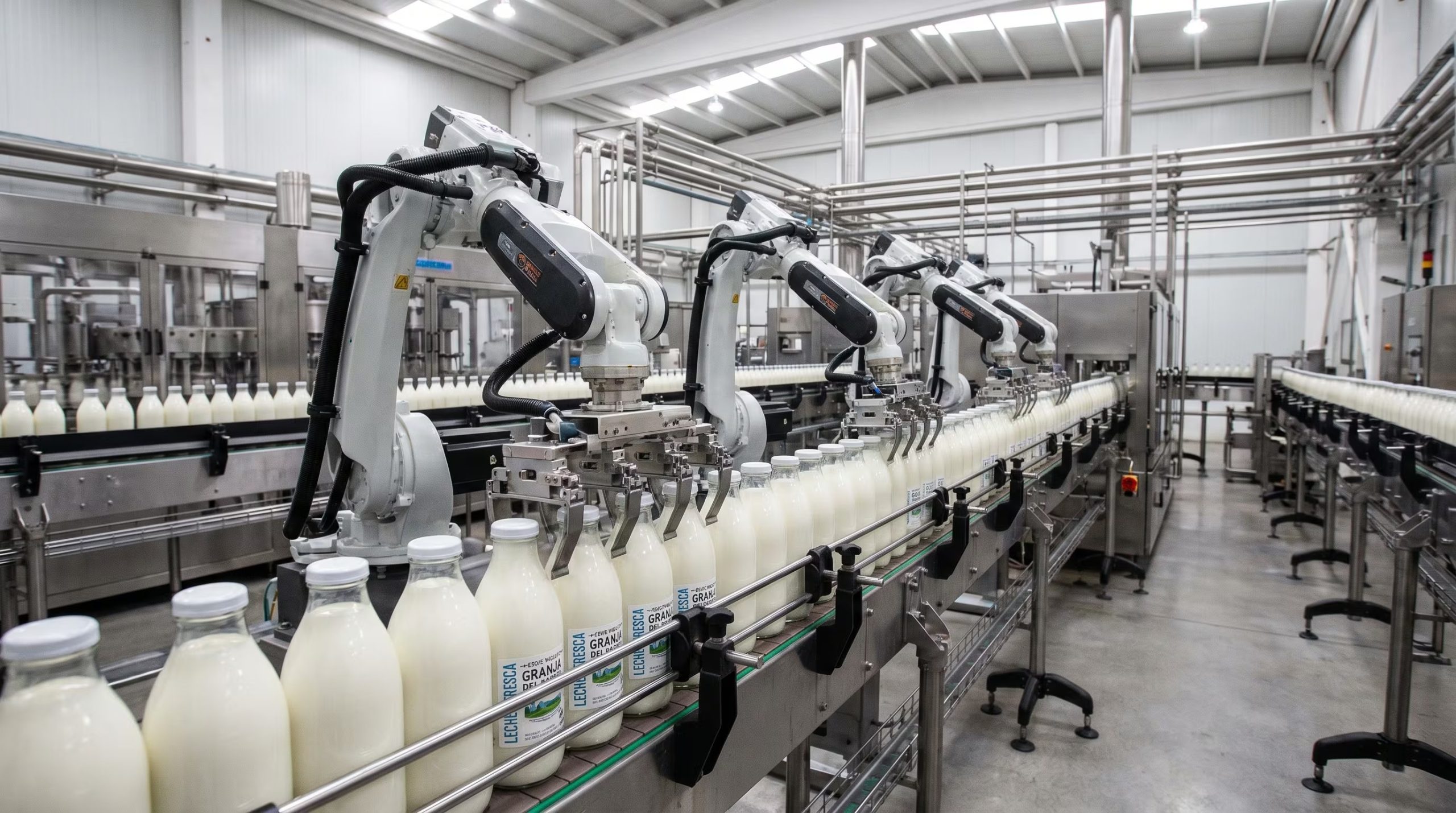 En una moderna planta de producción láctea, varios brazos robóticos colocan eficientemente etiquetas a cientos de botellas de leche que avanzan por una línea de montaje automatizada, garantizando precisión y velocidad en el proceso. (Imagen Ilustrativa Infobae)