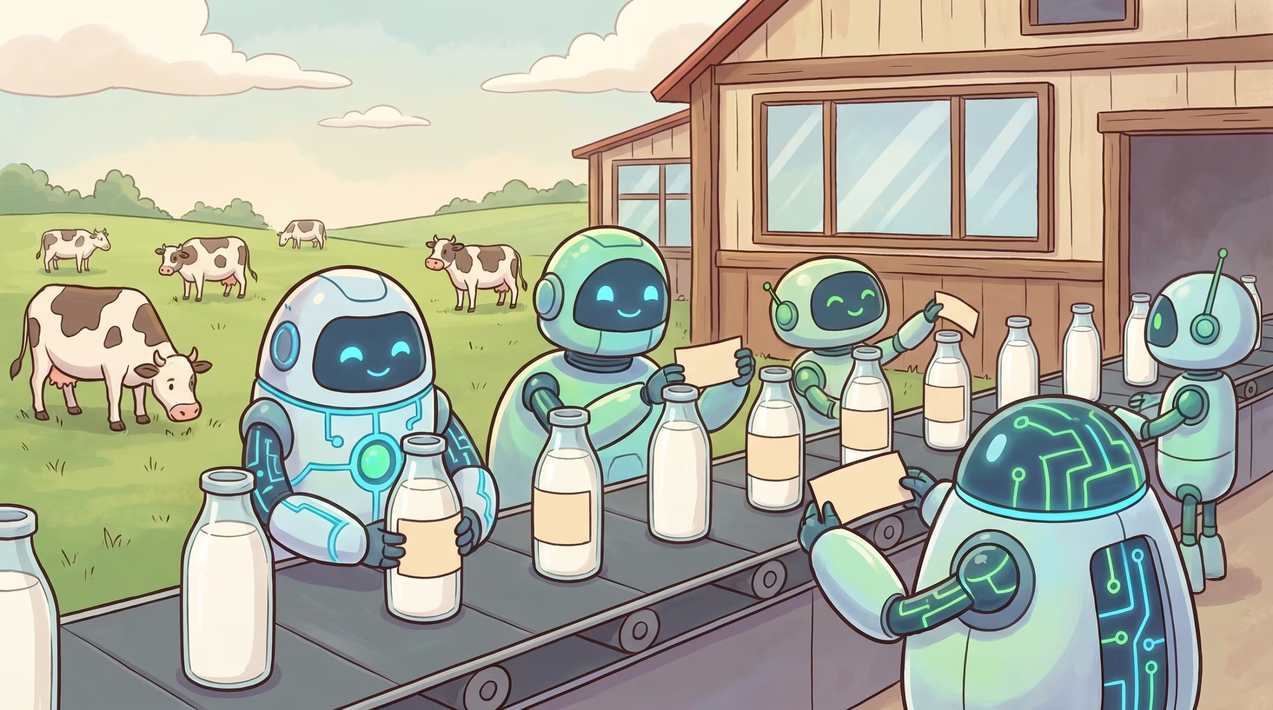 Agentes de inteligencia artificial trabajan eficientemente en una cooperativa lechera, etiquetando botellas de leche en una línea de producción con vacas pastando al fondo. (Imagen Ilustrativa Infobae)
