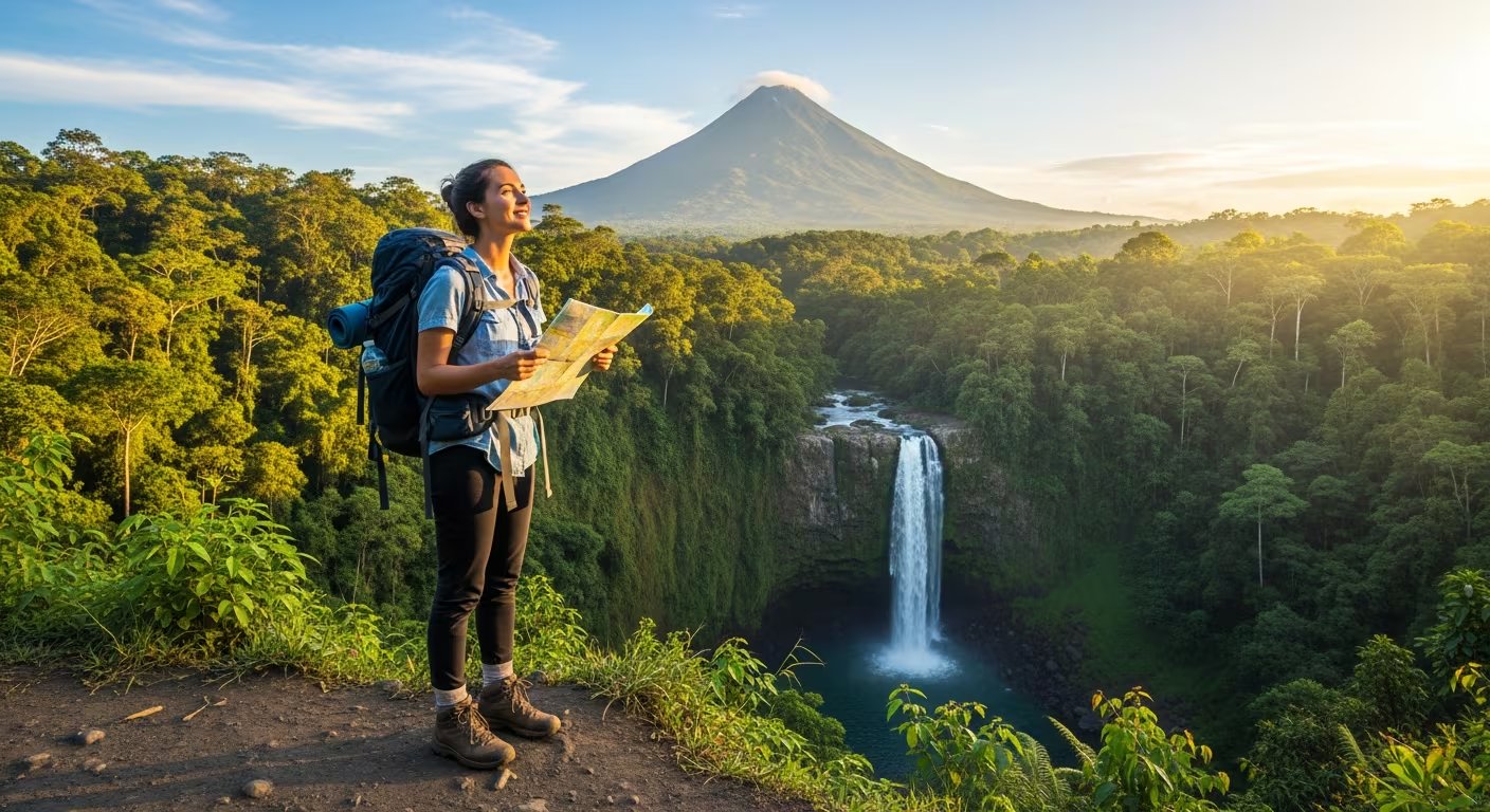Una viajera solitaria sonríe con un mapa, admirando el Volcán Arenal y una cascada en la exuberante selva tropical de Costa Rica, un destino líder para mujeres exploradoras. (Imagen Ilustrativa Infobae)