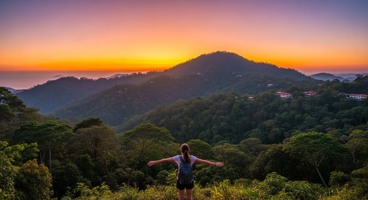 Una mujer admira un espectacular atardecer sobre las montañas de Costa Rica, un país reconocido por su seguridad y belleza natural para viajeras solitarias. (Imagen Ilustrativa Infobae)