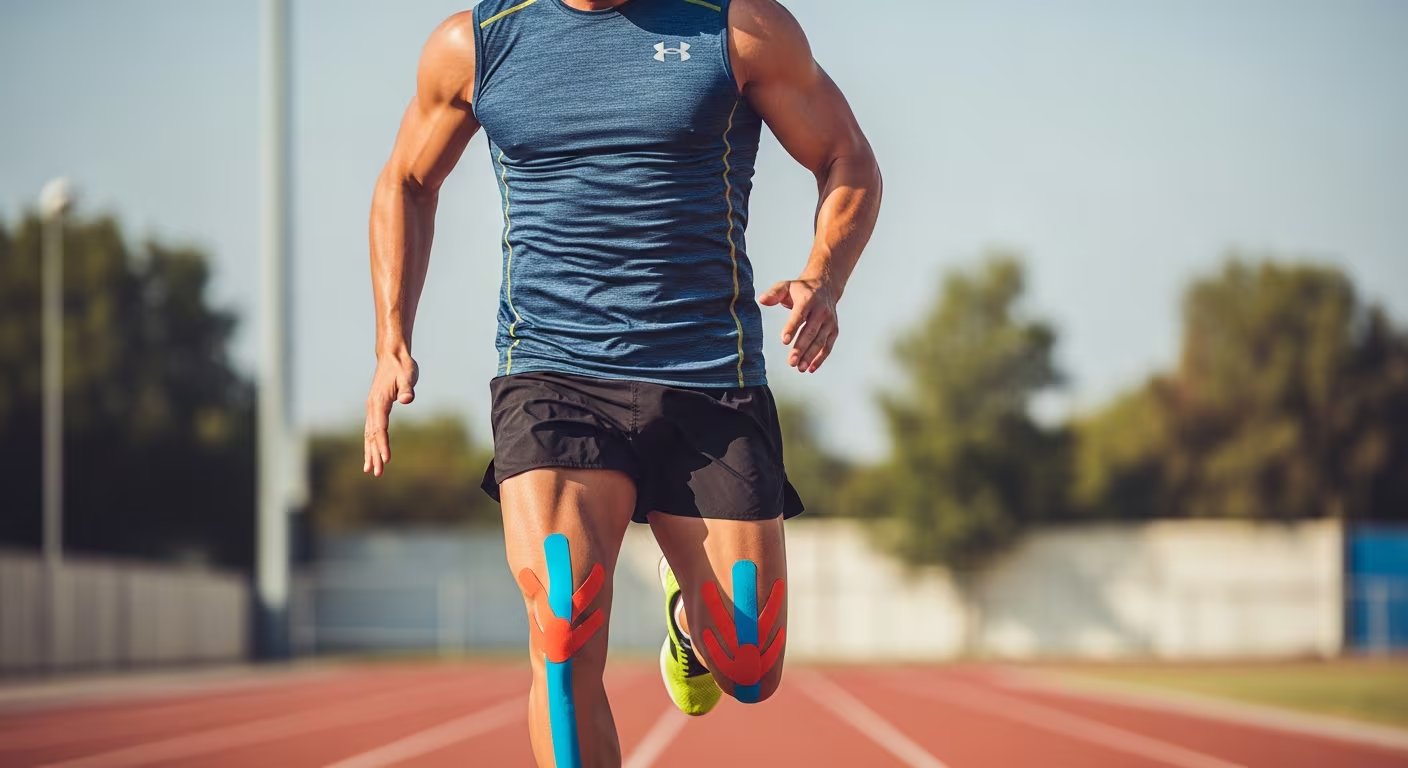 Un deportista enérgico con vendajes neuromusculares azules y rojos en los muslos corre con determinación sobre una pista de atletismo roja al aire libre. (Imagen Ilustrativa Infobae)