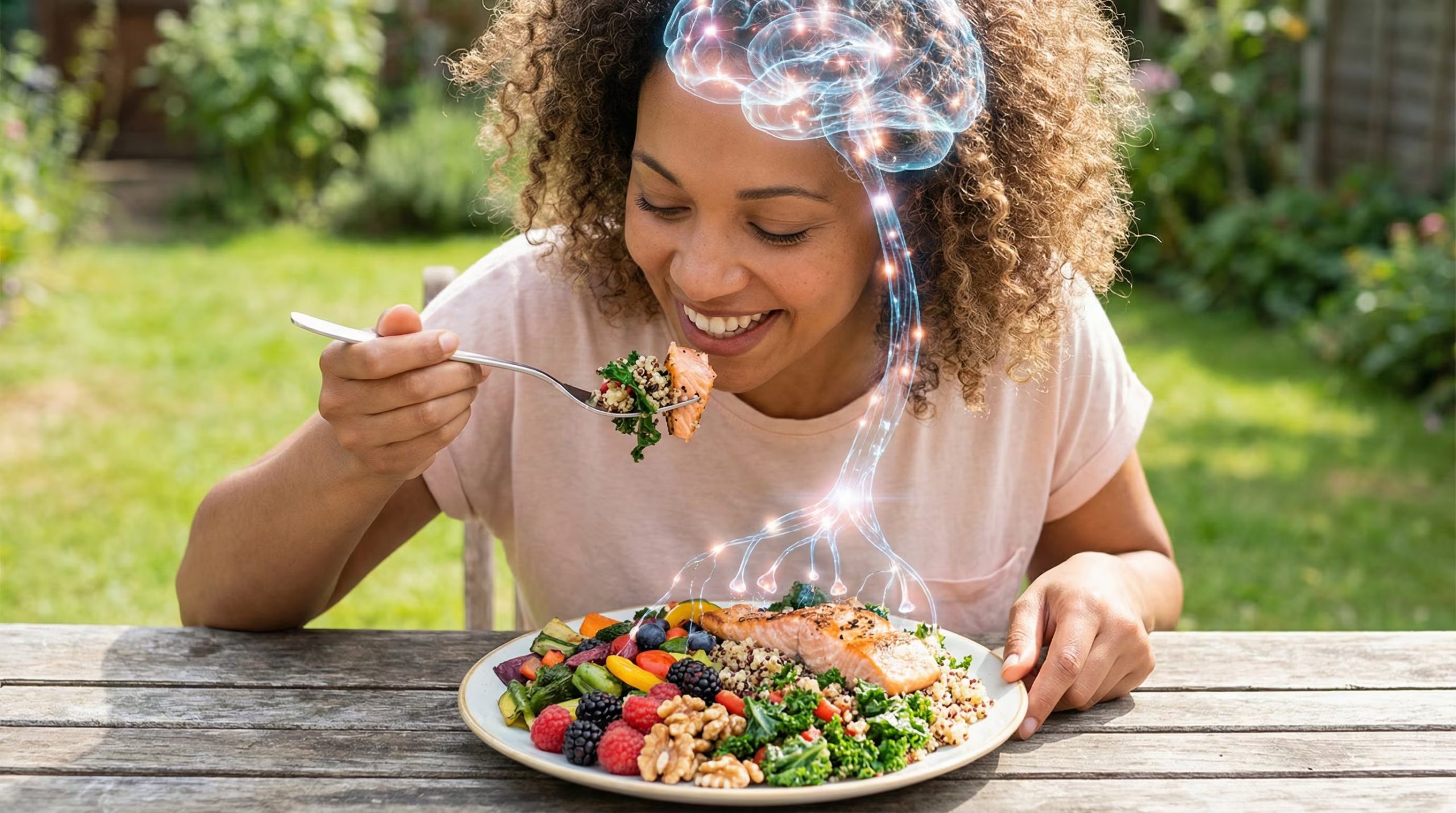 Una mujer sonriente disfruta de una nutritiva comida al aire libre, con una representación visual que muestra la conexión directa entre los alimentos saludables y la actividad cerebral. (Imagen Ilustrativa Infobae)