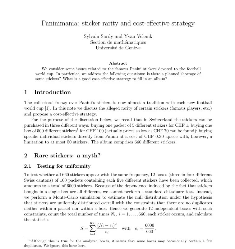 La carátul del paper de 2010, titulado 'Paninimania: sticker rarity and cost-effective strategy', que rompió con el mito de la figurita difícil y calculó la eficiencia de cambiar figuritas (Sardy y Velenik)