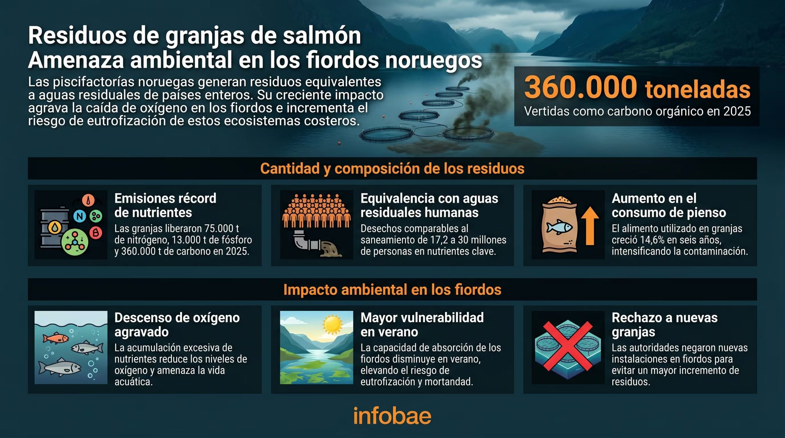 Esta infografía detalla cómo las granjas de salmón en Noruega vierten en los fiordos niveles de residuos equivalentes a aguas residuales sin tratar de millones de personas, generando preocupación por la disminución de oxígeno en los ecosistemas costeros (Imagen Ilustrativa Infobae)