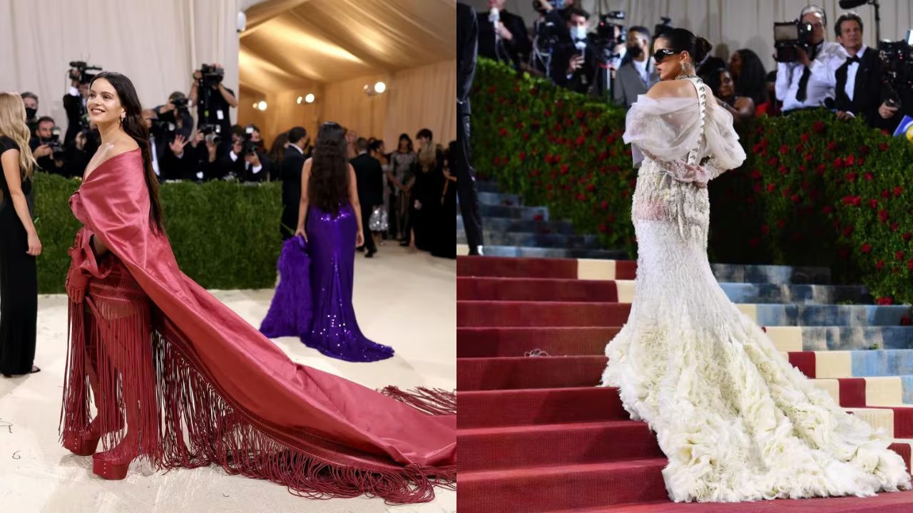Rosalía, de Rick Owens (izquierda) y Givenchy (derecha) en la MET Gala de 2021 y 2022, respectivamente