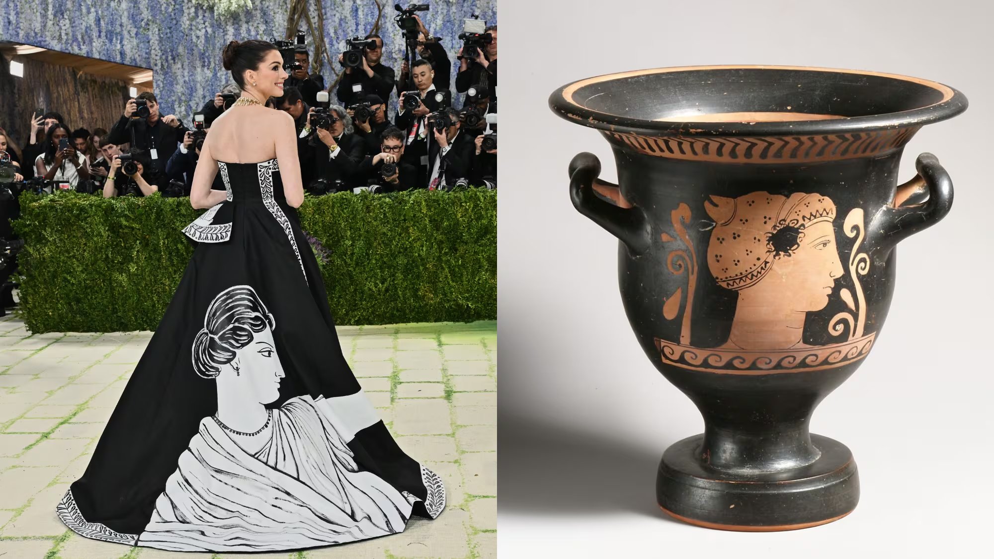 Anne Hathaway fusionó referencias míticas y arte clásico en un vestido que evocó el espíritu de “Oda a una urna griega” de John Keats