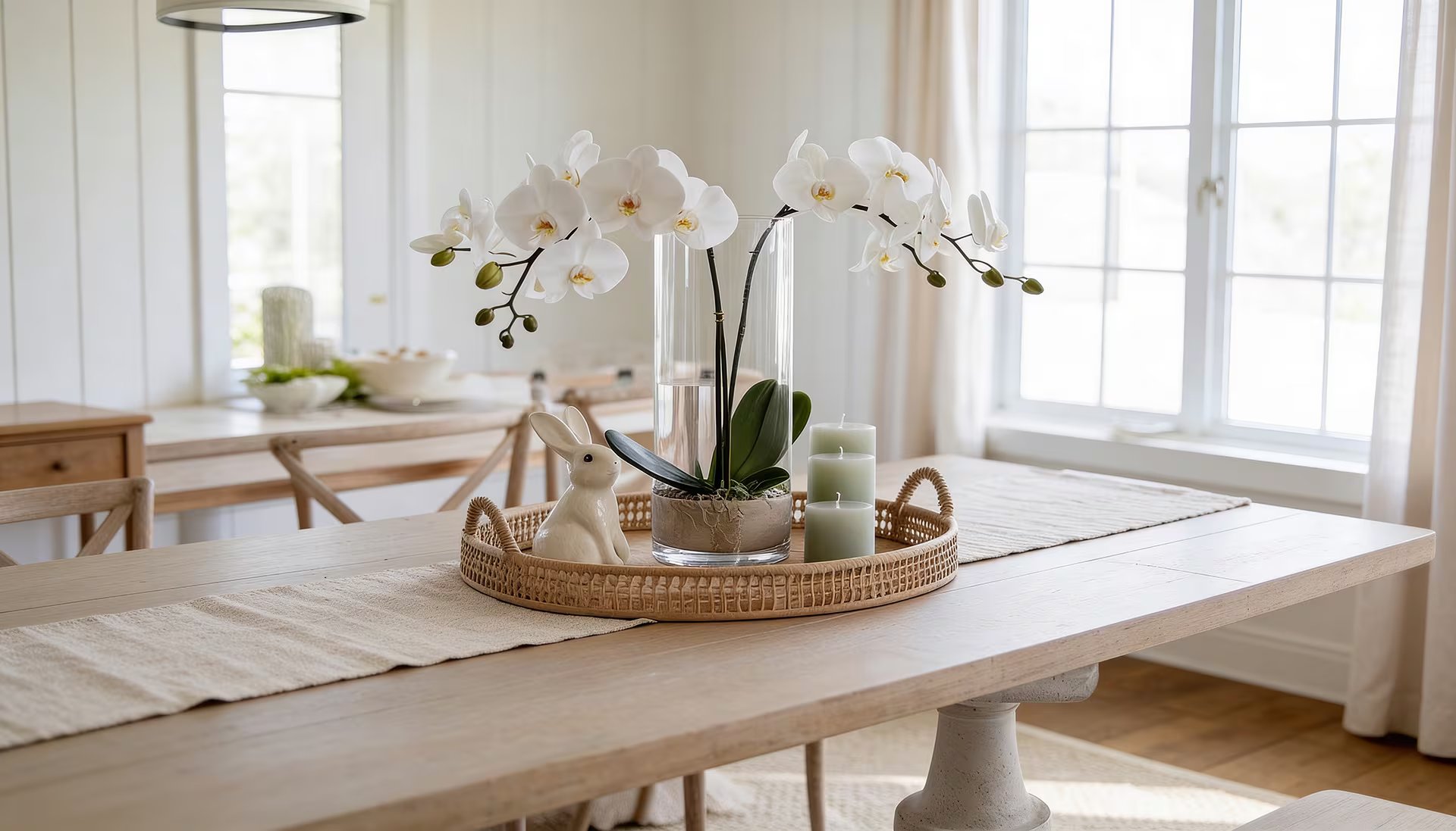 En el comedor, flores como orquídeas, violetas africanas y gardenias realzan la decoración y aportan sofisticación