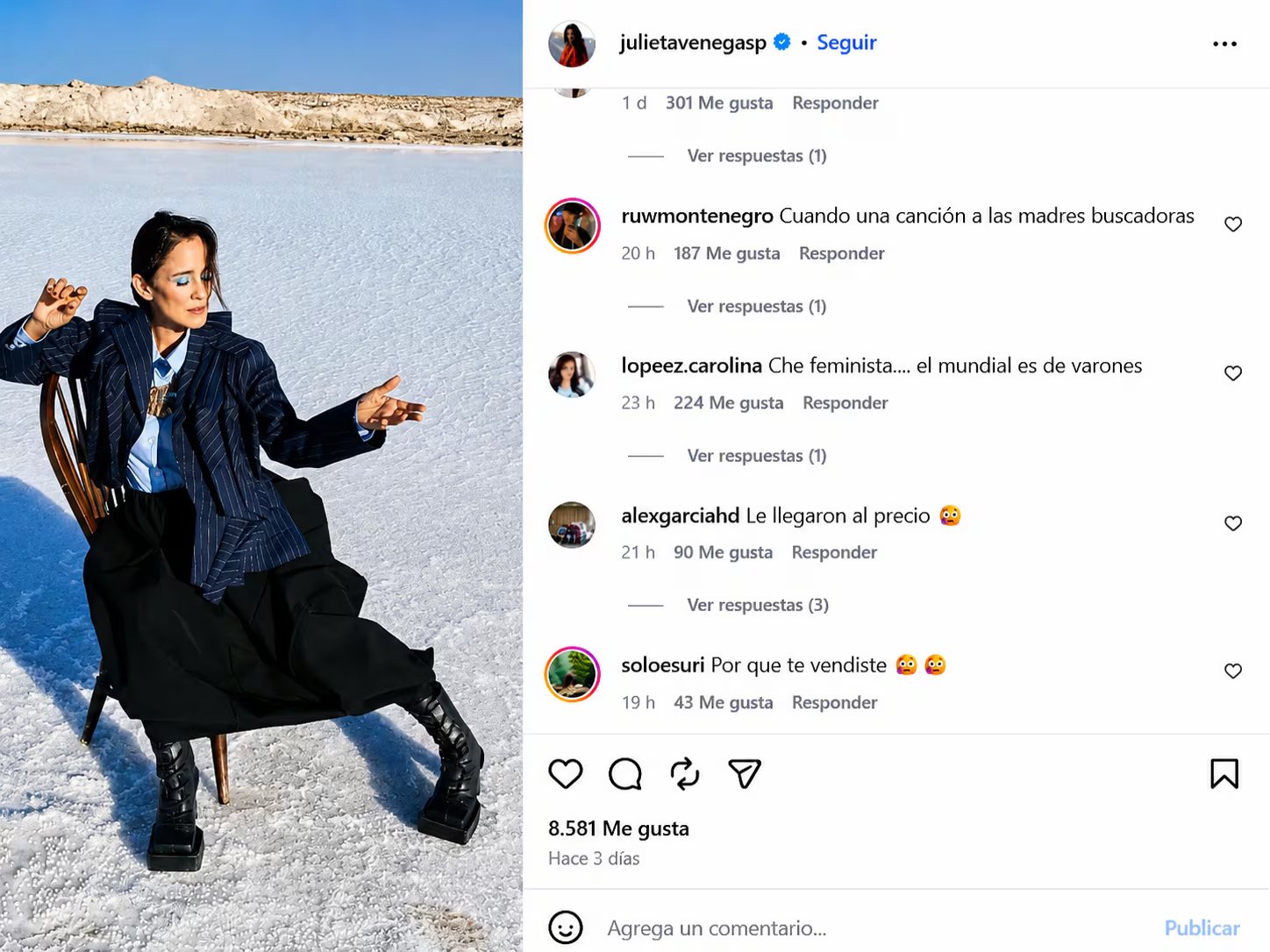 La cantante Julieta Venegas, vestida con un blazer a rayas y botas chunky, posa en un paisaje salino mientras enfrenta una ola de críticas en redes sociales. (Julieta Venegas: Instagram)