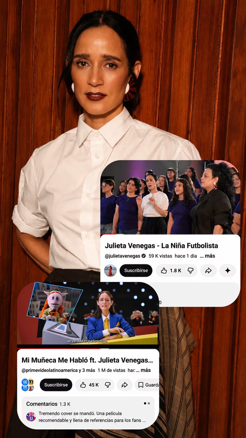 La cantante Julieta Venegas posa para la cámara con superposiciones de videos de YouTube de sus temas 