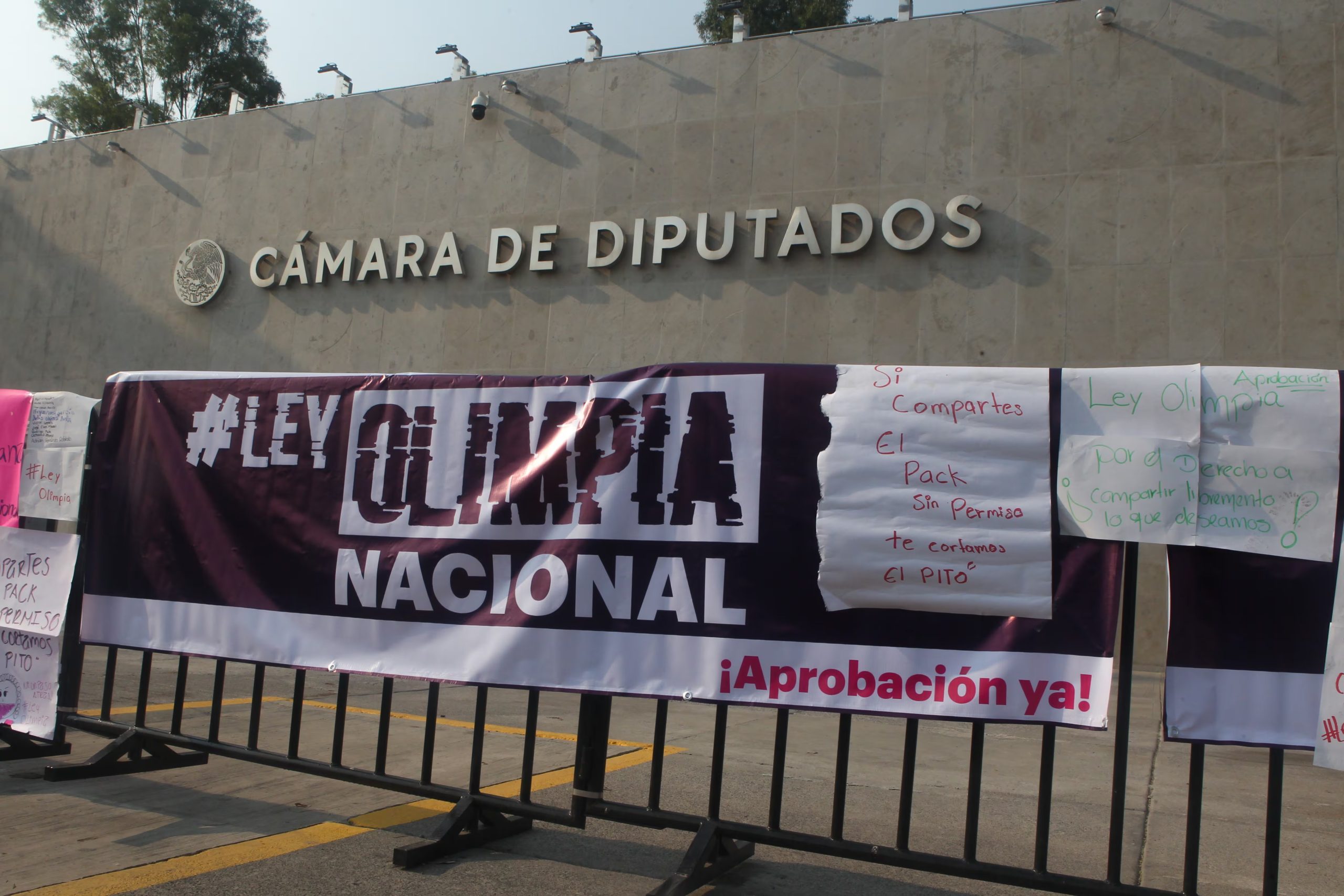Colectivo Frente Nacional para la Sororidad y Defensoras Digitales frente a la Cámara de Diputados para exigir que la Ley Olimpia sea discutida en las sesiones legislativas y aprobada a nivel nacional. Ciudad de México, 26 de abril de 2021 (Karina Hernández/ Infobae)