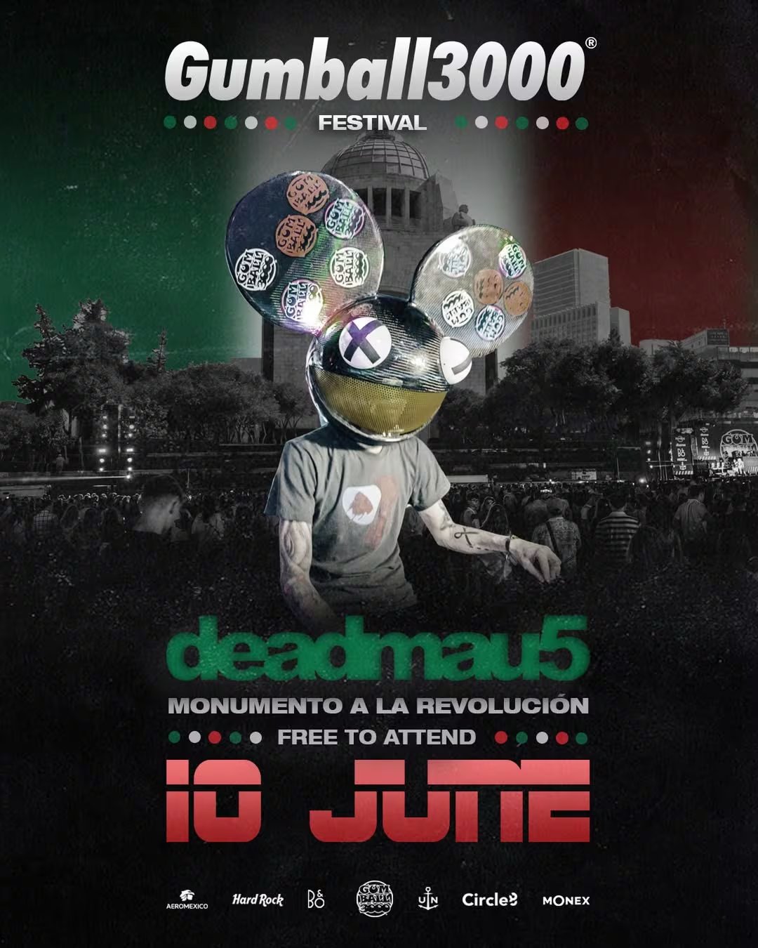 El cartel promocional del Gumball 3000 Festival anuncia la presentación de Deadmau5 en el Monumento a la Revolución de la Ciudad de México el 10 de junio, un evento gratuito para el público. (Deadmou5/ Gumball 3000)