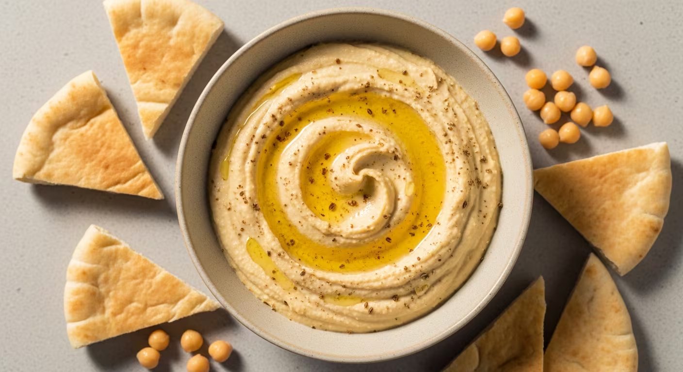 El hummus clásico, en su versión esencial, destaca por su cremosidad y equilibrio de sabor, combinando garbanzos, tahini y limón en una preparación simple ideal para cualquier momento del día (Imagen Ilustrativa Infobae)