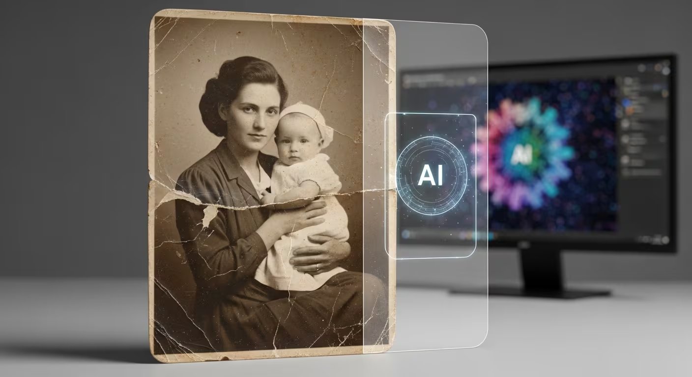 Una antigua fotografía de una madre con su bebé es restaurada digitalmente con inteligencia artificial, devolviendo la claridad y el detalle a recuerdos valiosos. (Imagen Ilustrativa Infobae)