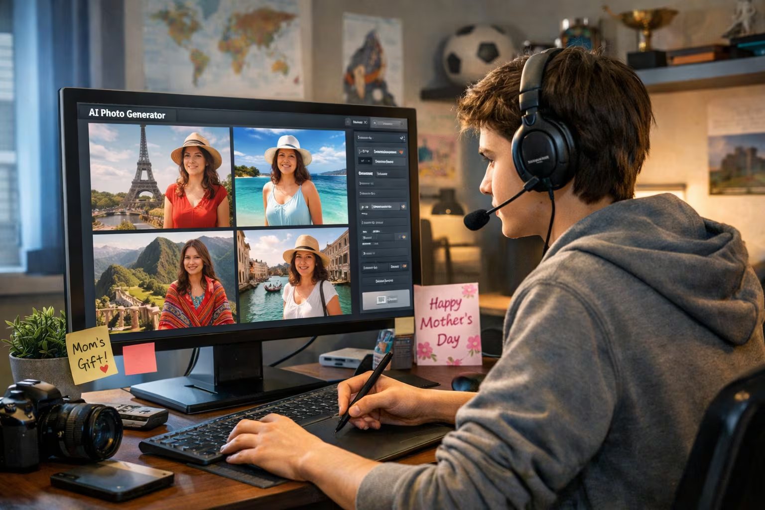 Un adolescente utiliza un generador de fotos con inteligencia artificial en su computadora para crear imágenes personalizadas de su madre en diversos destinos, preparándolas como un regalo especial para el Día de la Madre. (Imagen Ilustrativa Infobae)