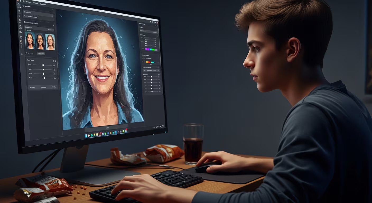 Un hijo adolescente elabora un retrato ideal de su madre utilizando inteligencia artificial en su computadora, preparándose para el Día de la Madre. (Imagen Ilustrativa Infobae)
