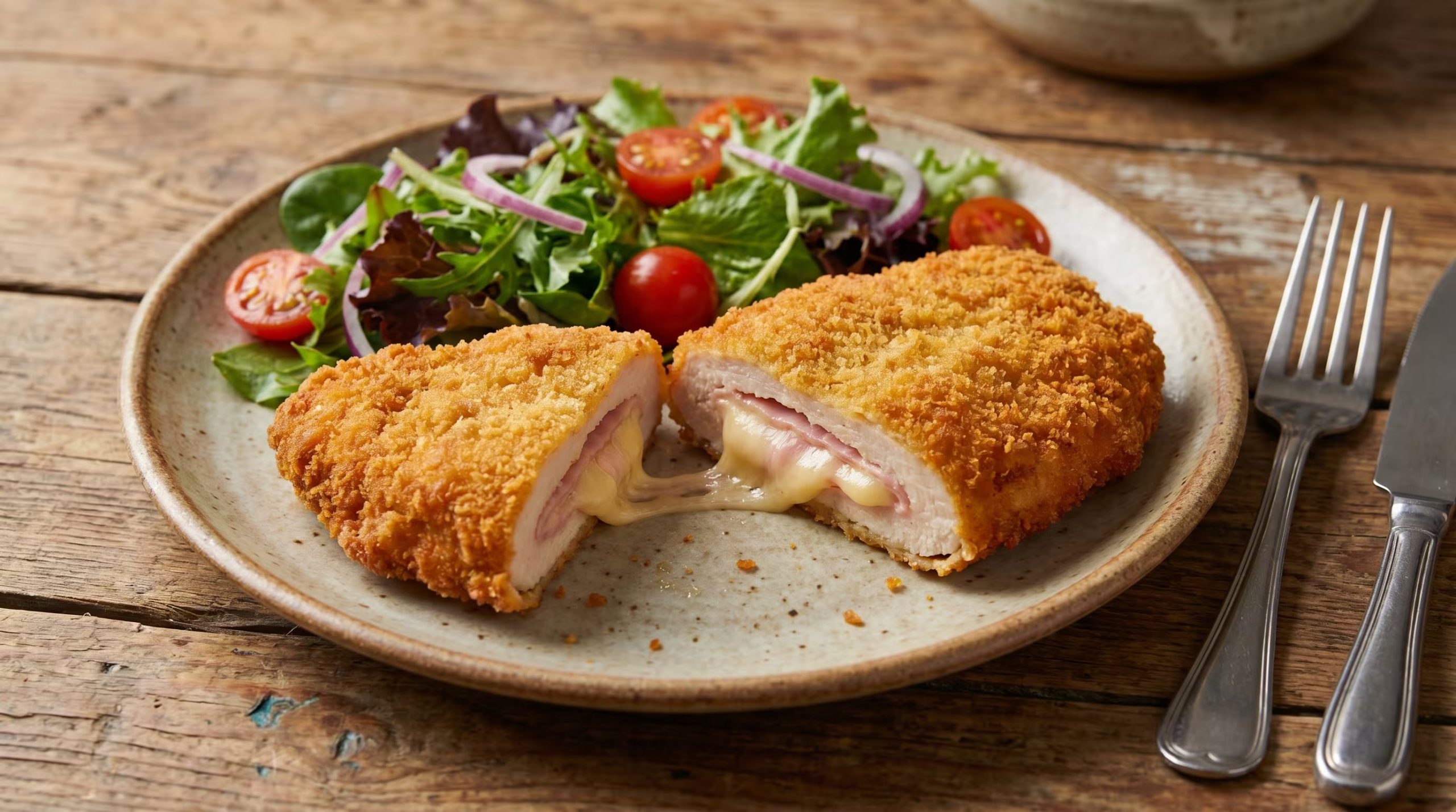 La versión de milanesa rellena utiliza pechuga de pollo abierta, rellena con jamón y queso, y puede variar el relleno (Imagen Ilustrativa Infobae)