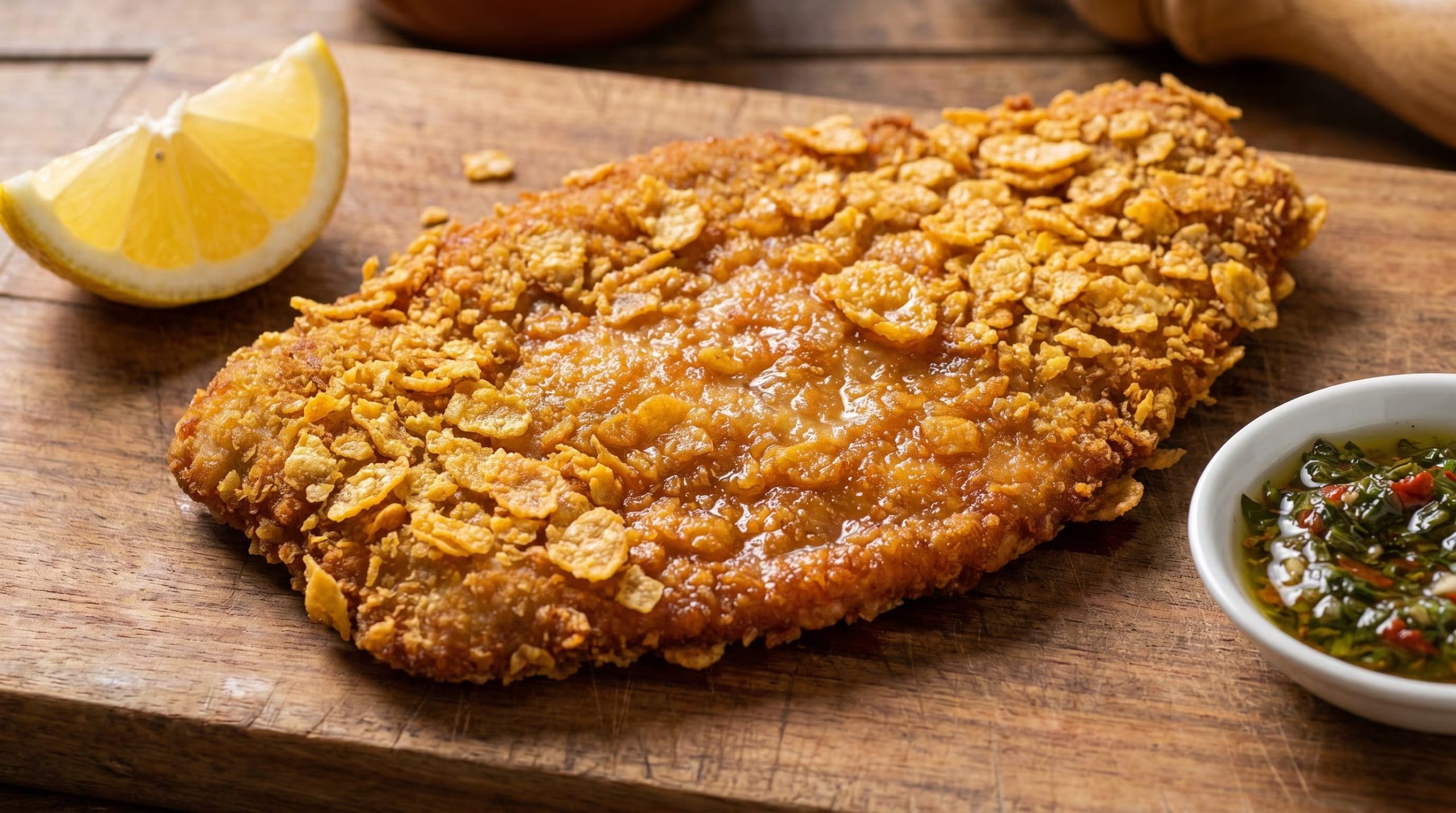 La milanesa con empanado de cereales reemplaza el pan rallado por copos de maíz triturados, logrando una corteza crocante (Imagen Ilustrativa Infobae)