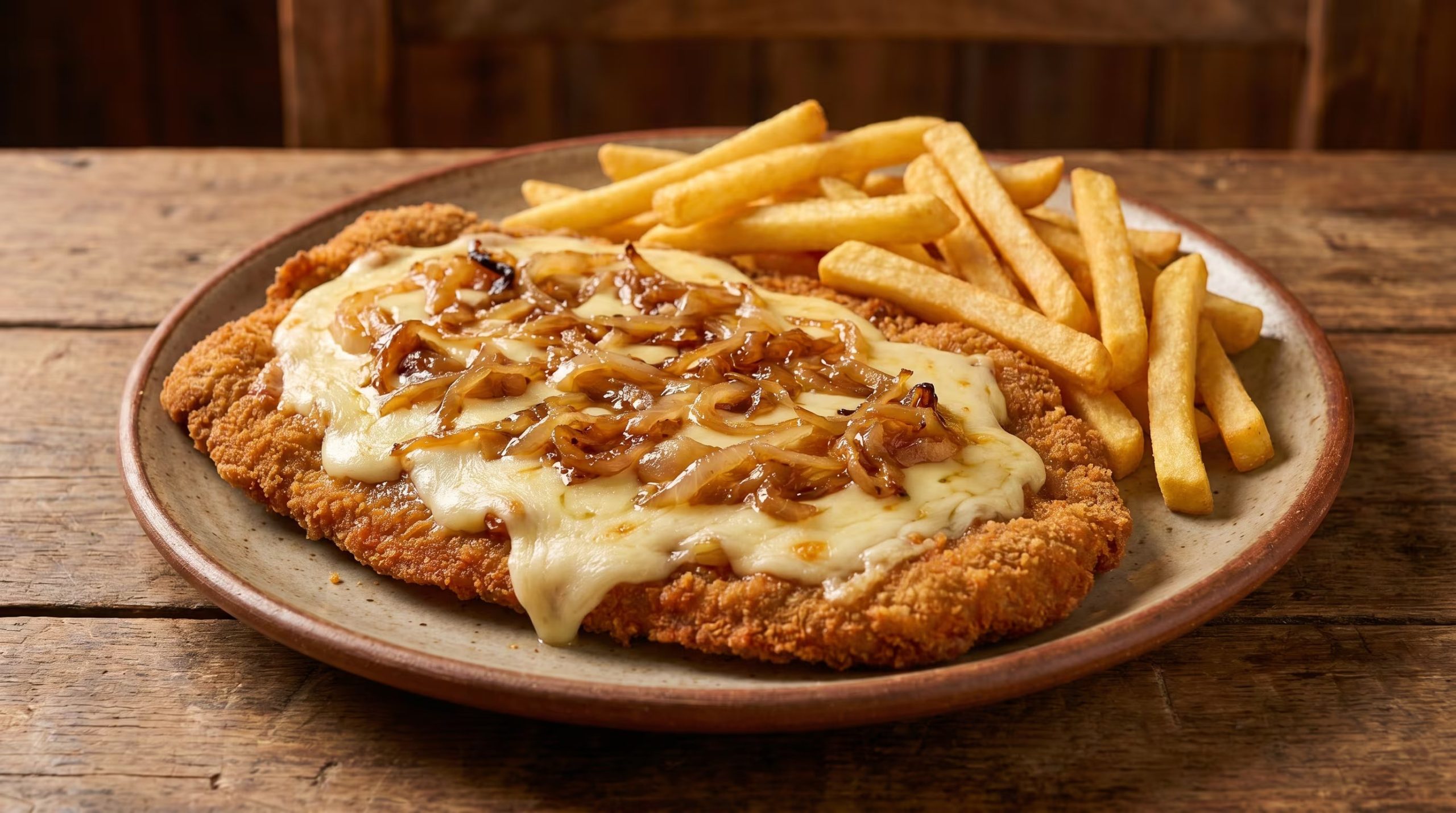 La milanesa a la fugazzetta lleva cebolla salteada y queso mozzarella fundido, inspirada en la tradicional pizza (Imagen Ilustrativa Infobae)