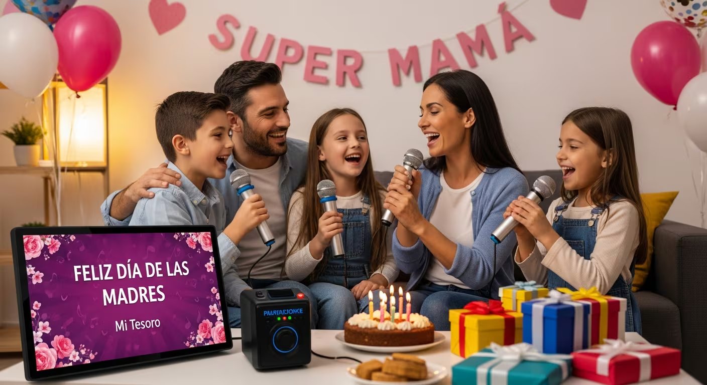 Una familia feliz celebra el Día de las Madres cantando en un karaoke en la sala de su casa, rodeados de globos, regalos y un pastel. (Imagen Ilustrativa Infobae)