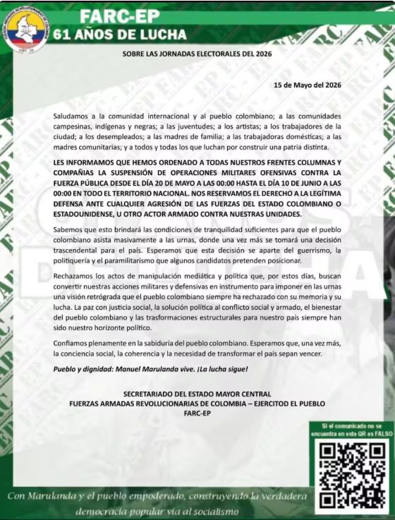 El grupo armado advirtió que, pese al alto al fuego, mantendrán el derecho a la legítima defensa si hay arremetidas de las autoridades en su contra - crédito Suministrado infobae