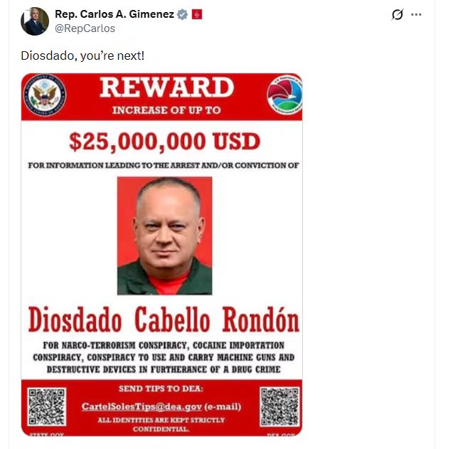 Congresista Carlos Gimenez comparte recompensa de $25 millones por Diosdado Cabello