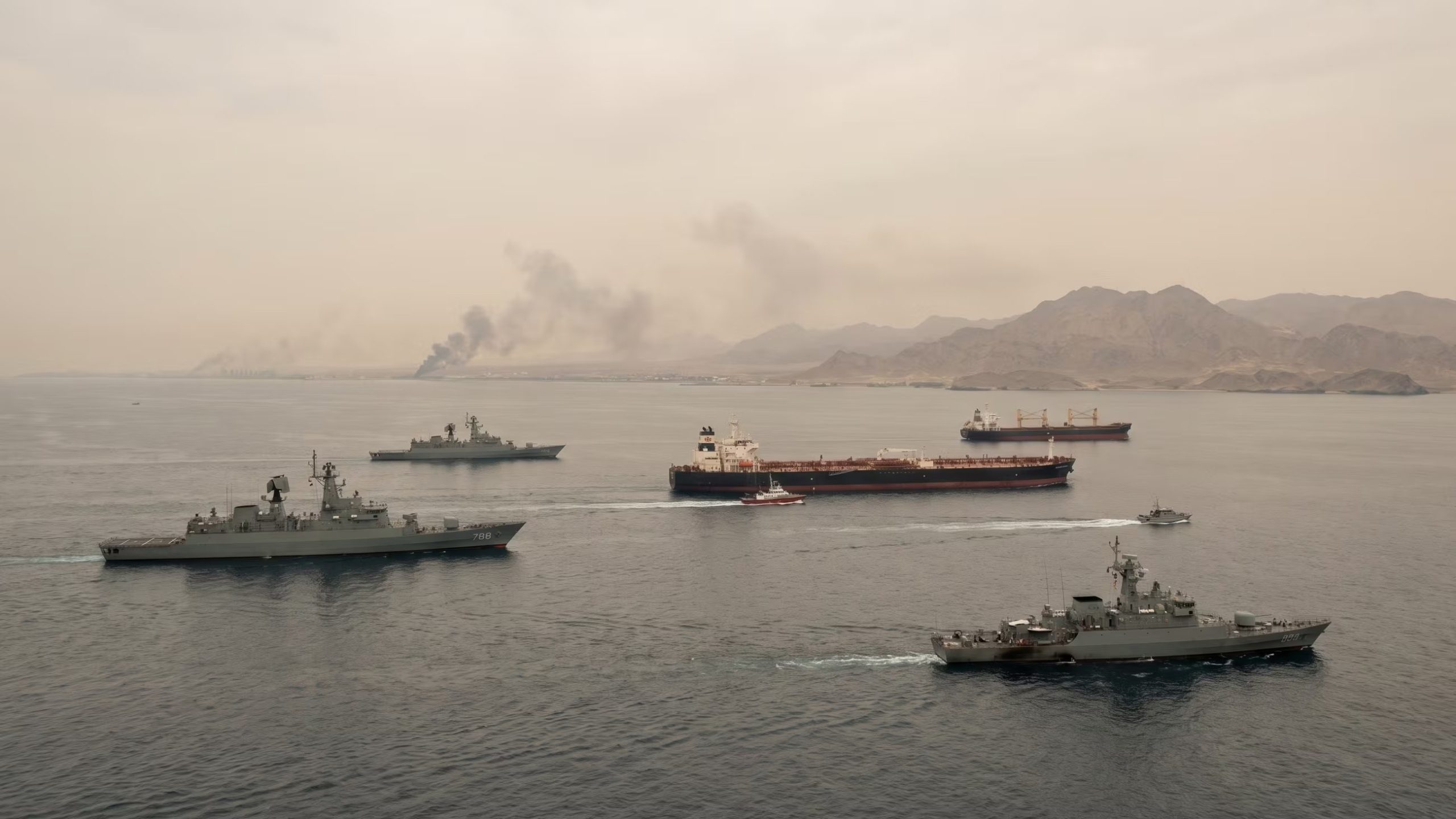 Buques militares y petroleros navegan por el Estrecho de Ormuz con humo visible en la costa, en medio del conflicto de Medio Oriente (Imagen Ilustrativa Infobae)