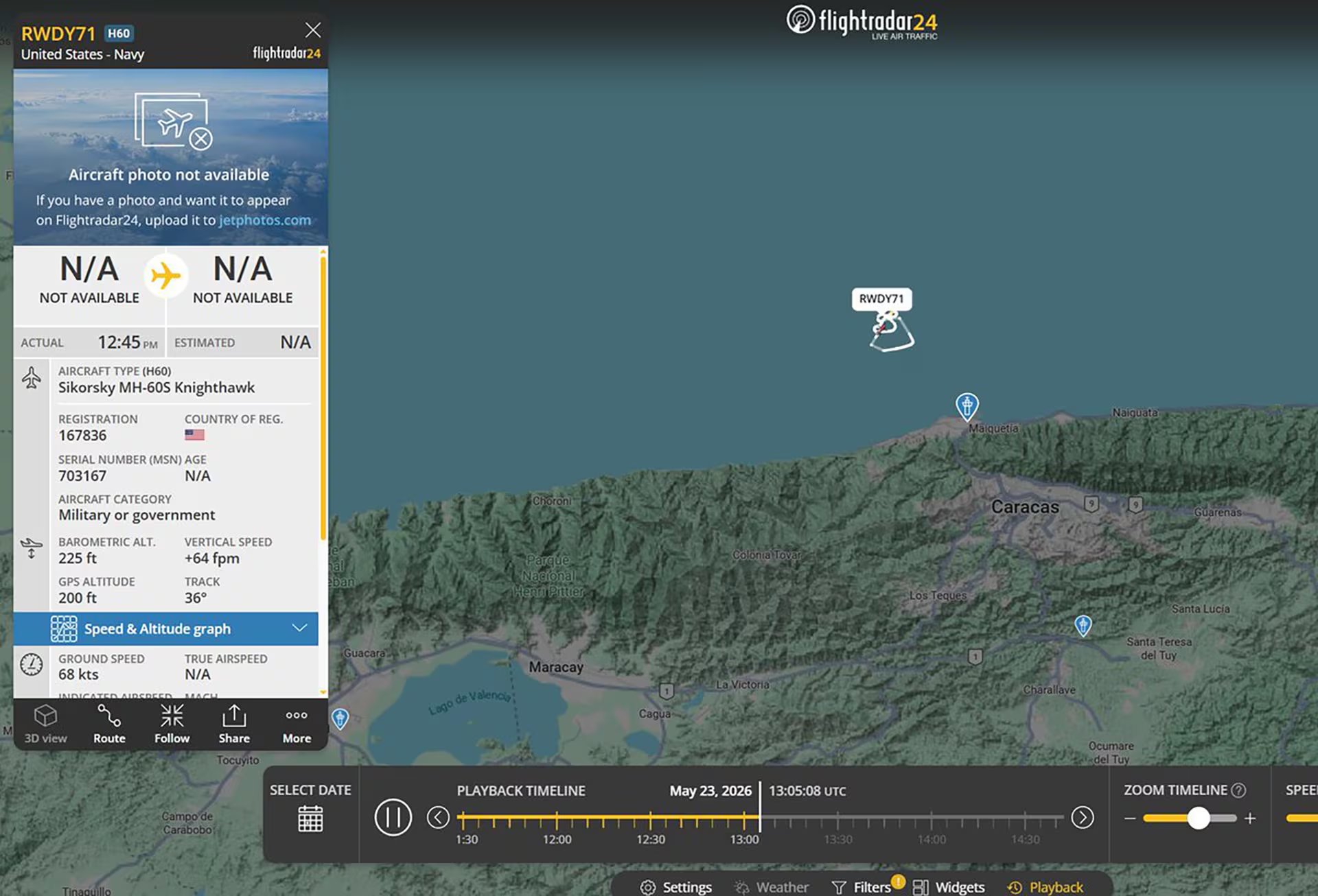 Una aeronave Sikorsky MH-60S Knighthawk de la Marina de los Estados Unidos fue detectada sobre la costa venezolana, cerca de Caracas (Flightradar24)