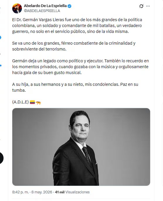 El candidato presidencial Abelardo de la Espriella reaccionó al fallecimiento de Germán Vargas Lleras - crédito @ABDELAESPRIELLA/X