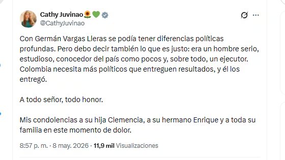 Catherine Juvinao se pronunció sobre la muerte de Germán Vargas Lleras - crédito @CathyJuvinao/X