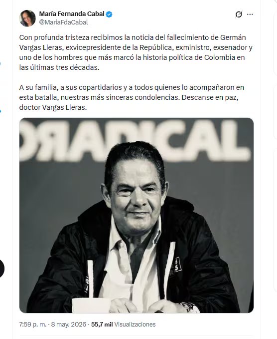 La congresista María Fernanda Cabal lamentó la muerte de Germán Vargas Lleras - crédito @MariaFdaCabal/X