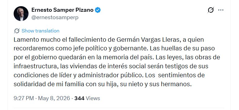 El expresidente Ernesto Samper lamentó profundamente el fallecimiento de Germán Vargas Lleras, reconociendo su trayectoria como jefe político y gobernante - crédito @ernestosamperp/X