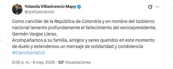 La canciller Yolanda Villavicencio Mapy lamentó la muerte de Germán Vargas Lleras - crédito @ryvillavicencio/X