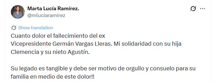 El contralor Carlos Hernán Rodríguez lamentó la muerte de Germán Vargas Lleras - crédito @CGR<em>Colombia/X» class=»aligncenter size-full» src=»https://kchcomunicacion.com/wp-content/uploads/2026/05/EN-VIVOMuerte-de-German-Vargas-Lleras-sacude-a-Co-1.jpg» style=»width:100%; height:auto; margin-bottom: 20px;»/></p>
<p>La exvicepresidenta <strong>Marta Lucía Ramírez</strong> reaccionó en X: <strong><em>“Cuánto dolor el fallecimiento del exvicepresidente Germán Vargas Lleras. Mi solidaridad con su hija Clemencia y su nieto Agustín”</em></strong>. Agregó que su legado es tangible y debe ser motivo de orgullo y consuelo.</p>
<p><img decoding=