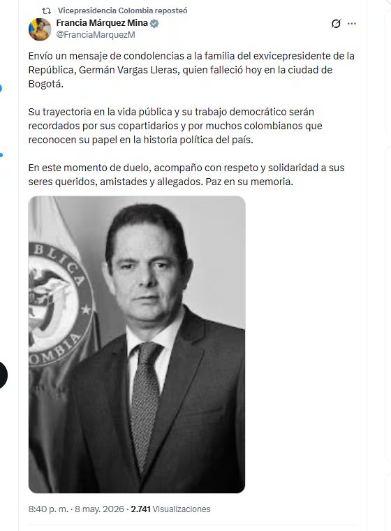 La vicepresidenta Francia Márquez Mina lamentó la muerte de Germán Vargas - crédito @FranciaMarquezM/X