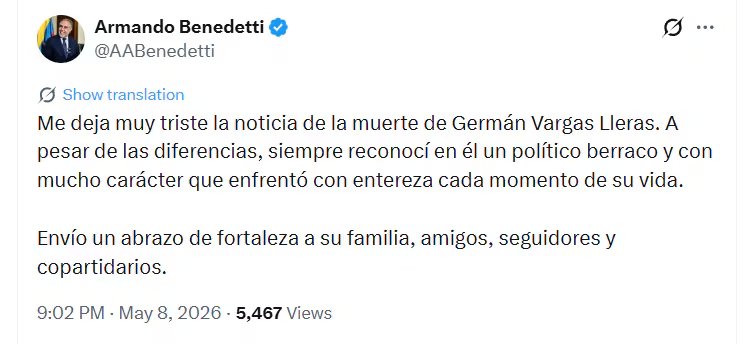 El ministro del Interior, Armando Benedetti, expresó su pesar por la muerte de Germán Vargas Lleras, manifestando que la noticia le generó una 