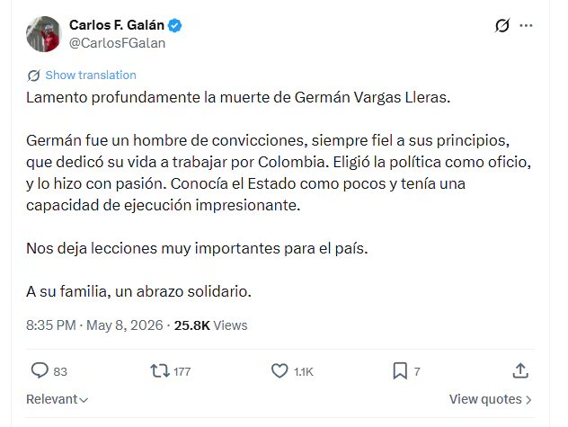 El exmilitar destacó que el exvicepresidente “siempre demostró su capacidad de liderazgo y amor por la patria” - crédito @Gr</em>Naranjo/X» class=»aligncenter size-full» src=»https://kchcomunicacion.com/wp-content/uploads/2026/05/EN-VIVOMuerte-de-German-Vargas-Lleras-sacude-a-Co-3.jpg» style=»width:100%; height:auto; margin-bottom: 20px;»/></p>
<h3>Alcaldes y gobernadores se pronuncian</h3>
<p>El alcalde de Bogotá, <strong>Carlos Fernando Galán</strong>, resaltó la trayectoria, carácter y papel de Vargas Lleras, describiéndolo como <em>“un dirigente de fuertes convicciones, que dedicó su vida a la política con disciplina y pasión”</em> y con profundo conocimiento del Estado.</p>
<p><img decoding=