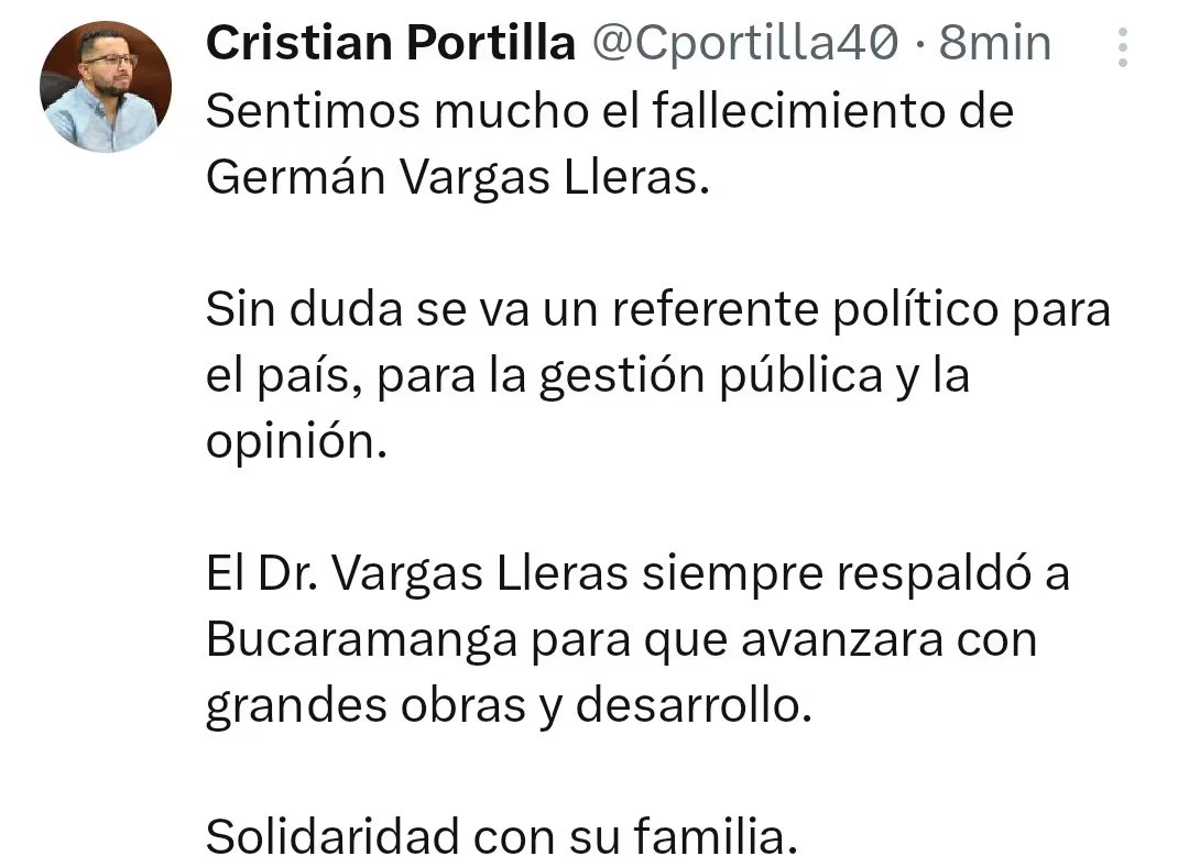 El alcalde de Bucaramanga, Cristian Portilla destacó la labor de Vargas Lleras en la vida politica - crédito @Cportilla40/X