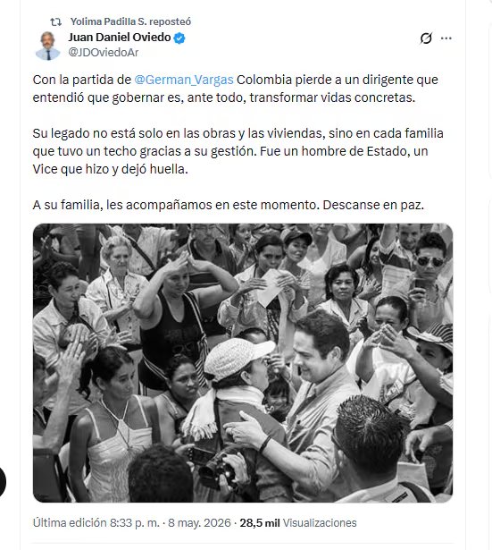 El candidato Juan Daniel Oviedo se pronunció sobre la muerte de Germán Vargas Lleras - crédito @JDOviedoAr/X