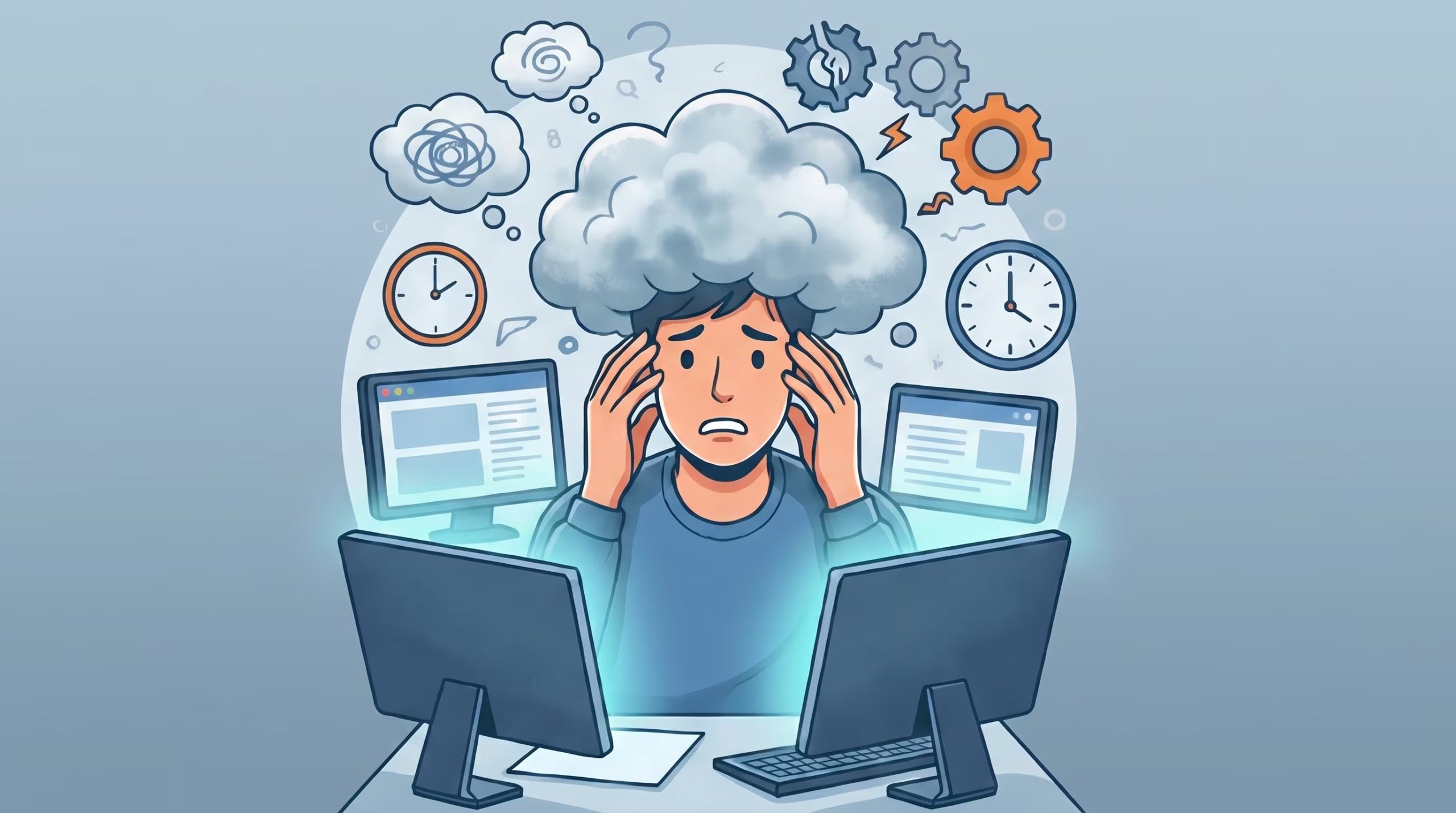 Una persona con una nube de estrés sobre su cabeza se siente abrumada por el exceso de información y la presión laboral, rodeada de relojes, en un entorno de trabajo con múltiples pantallas. (Imagen Ilustrativa Infobae)