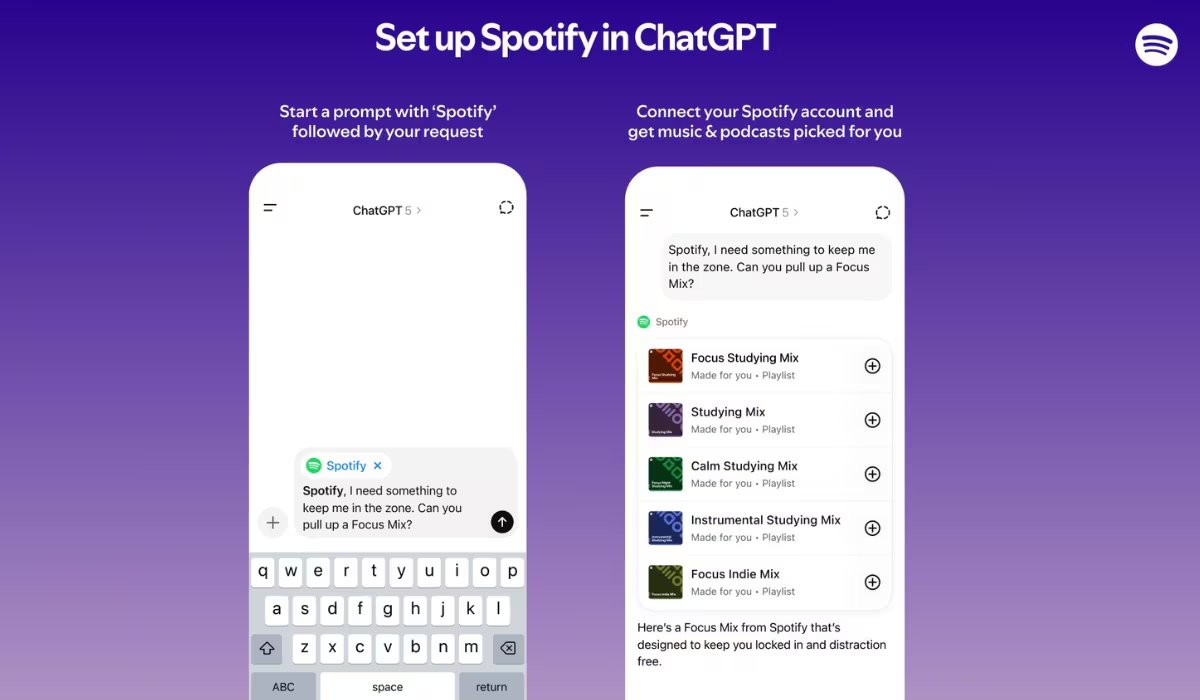 Puedes solicitar listas o recomendaciones personalizadas a través de ChatGPT mencionando Spotify. (Spotify)