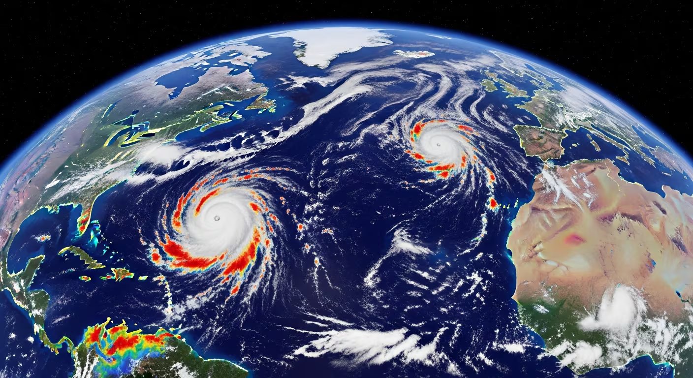 Dos potentes ciclones tropicales giran sobre el océano Atlántico, reflejando la compleja interacción entre los fenómenos climáticos El Niño y La Niña, que influyen directamente en su formación y fuerza. (Imagen Ilustrativa Infobae)