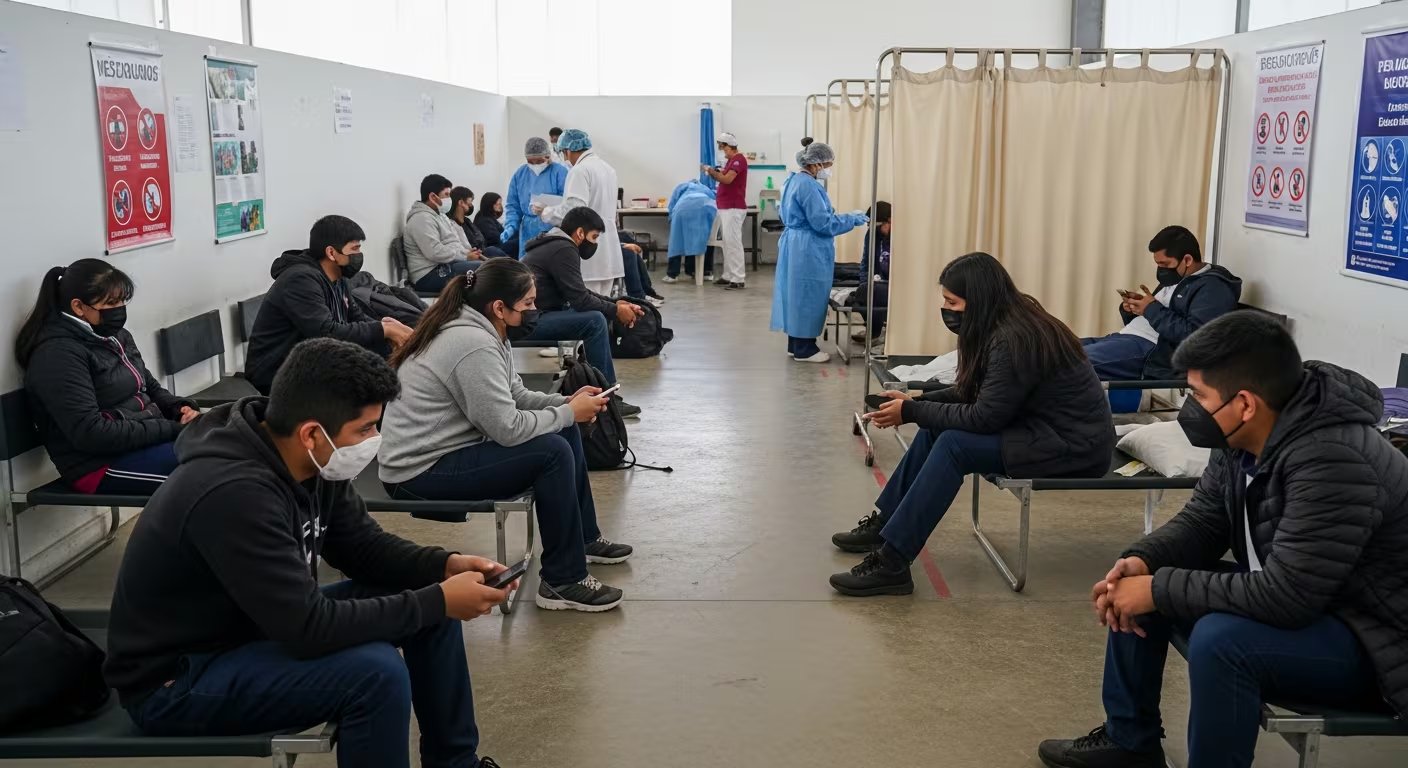 Un grupo de estudiantes peruanos cumple cuarentena en una instalación de salud, llevando mascarillas, tras su regreso de Bolivia por un posible contagio de sarampión, con personal médico trabajando al fondo. (Imagen Ilustrativa Infobae)