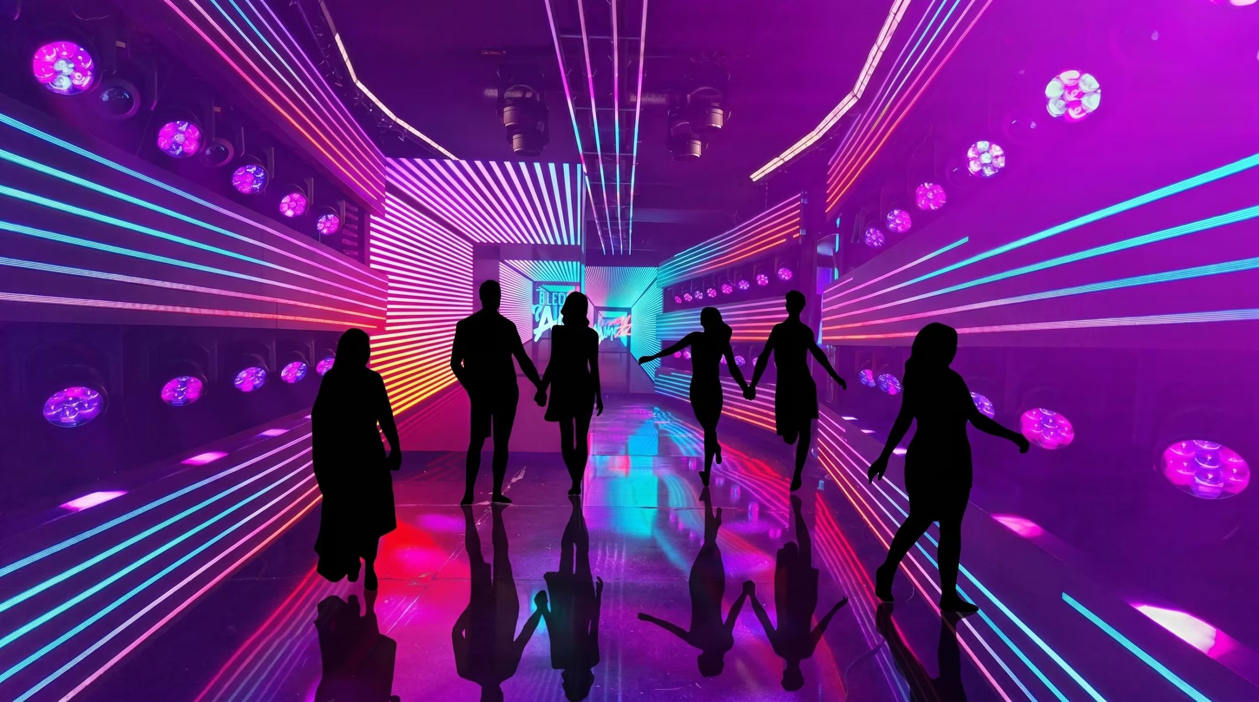 Siluetas de personas caminan o bailan a través de un vibrante pasillo iluminado con luces de neón en tonos morados, azules y rosados, creando una atmósfera futurista. (Imagen Ilustrativa Infobae)