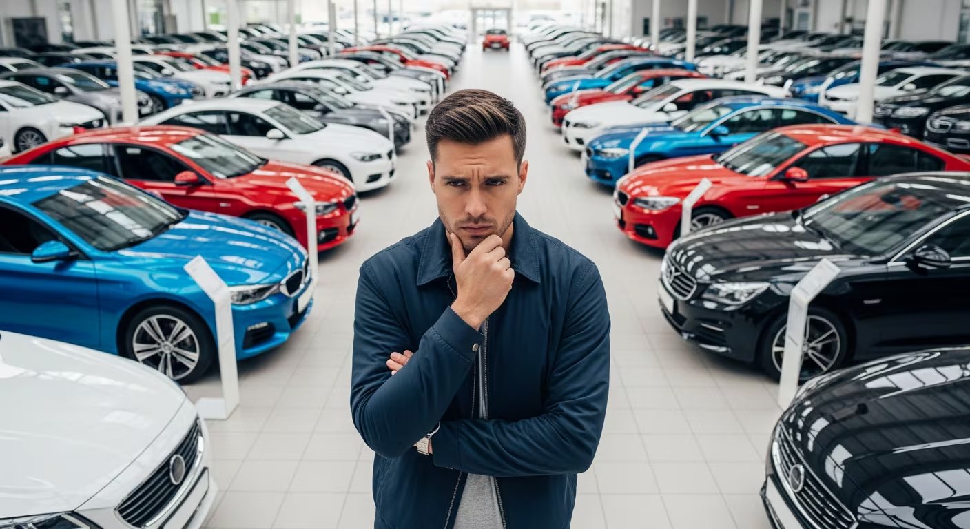 Un hombre con expresión pensativa se encuentra en un amplio concesionario, rodeado de una vasta selección de coches nuevos, reflexionando sobre su próxima compra. (Imagen Ilustrativa Infobae)