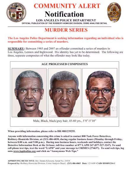 Aviso publicado por el Departamento de Policía de Los Ángeles en 2009, con retratos robot del sospechoso elaborados mediante progresión de edad