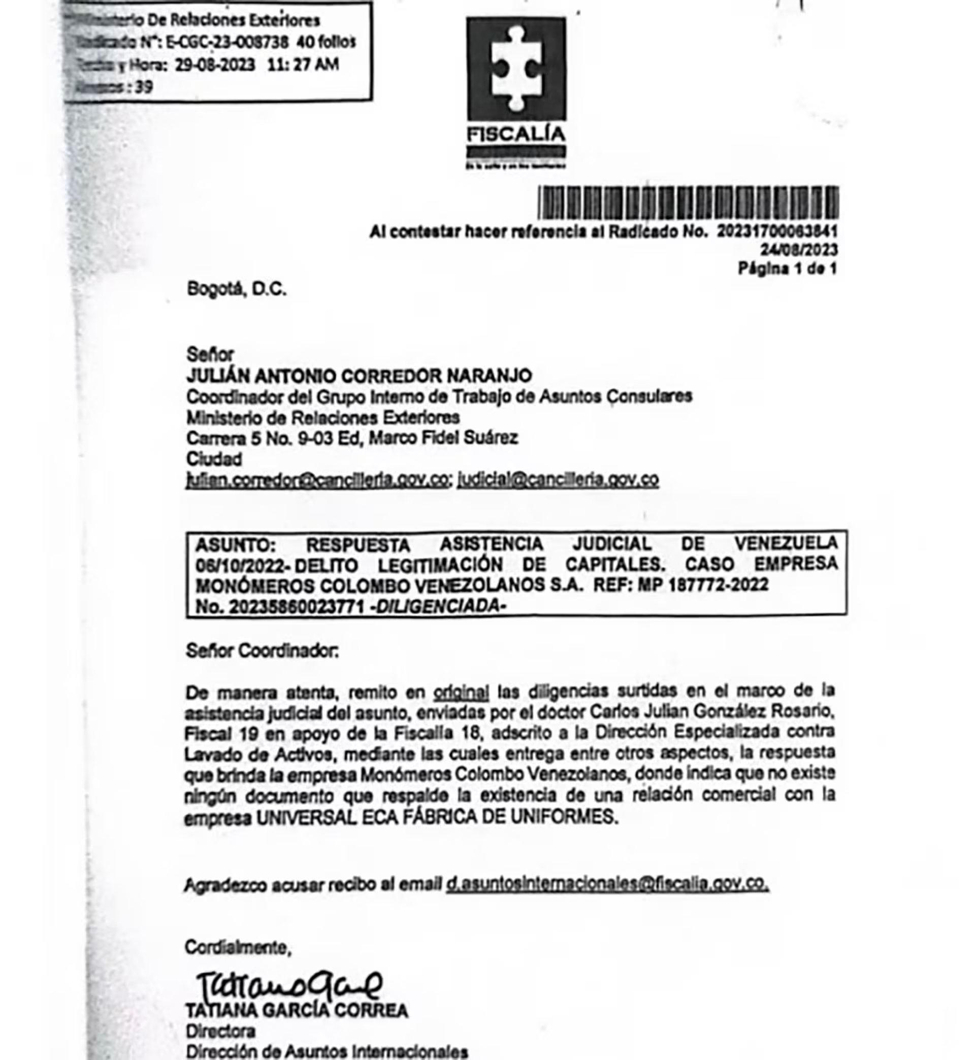 La prueba que Monomeros no tenía relación con la empresa Universal de los Ferreira.