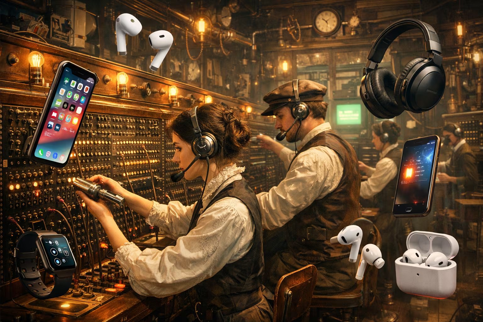 Operadores de una central telefónica del siglo XIX trabajan con cables y conectores, mientras smartphones, auriculares inalámbricos y relojes inteligentes flotan a su alrededor, simbolizando la evolución de la comunicación. (Imagen Ilustrativa Infobae)