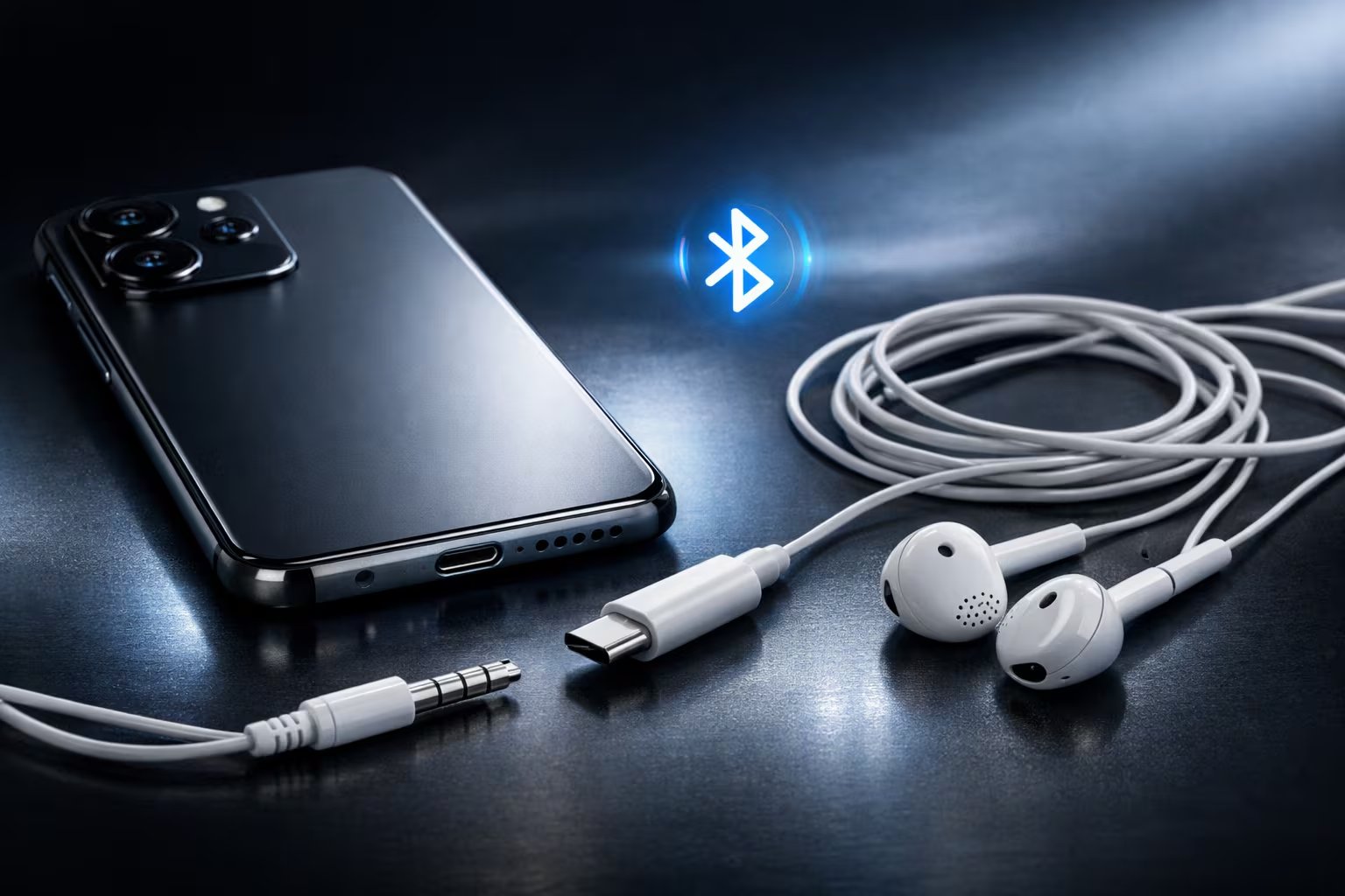 Un smartphone moderno sin puerto jack destaca la evolución del audio, mostrando la preferencia por el USB-C y la conectividad Bluetooth frente a los audífonos clásicos con cable. (Imagen Ilustrativa Infobae)