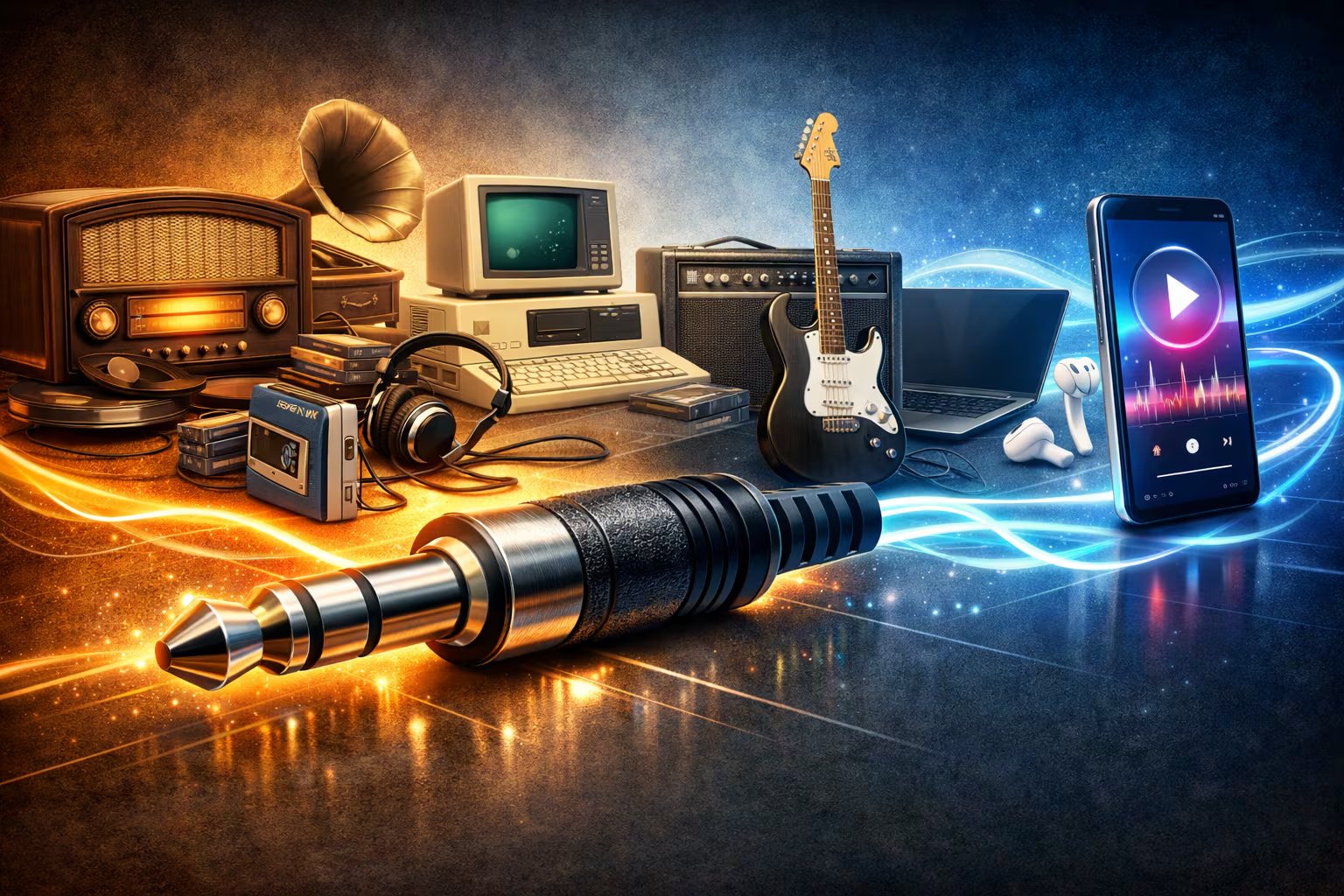 Una línea de tiempo visual destaca la persistencia del conector jack 3.5mm, conectando radios, walkman, computadoras, guitarras eléctricas y smartphones, ilustrando la evolución tecnológica del audio. (Imagen Ilustrativa Infobae)