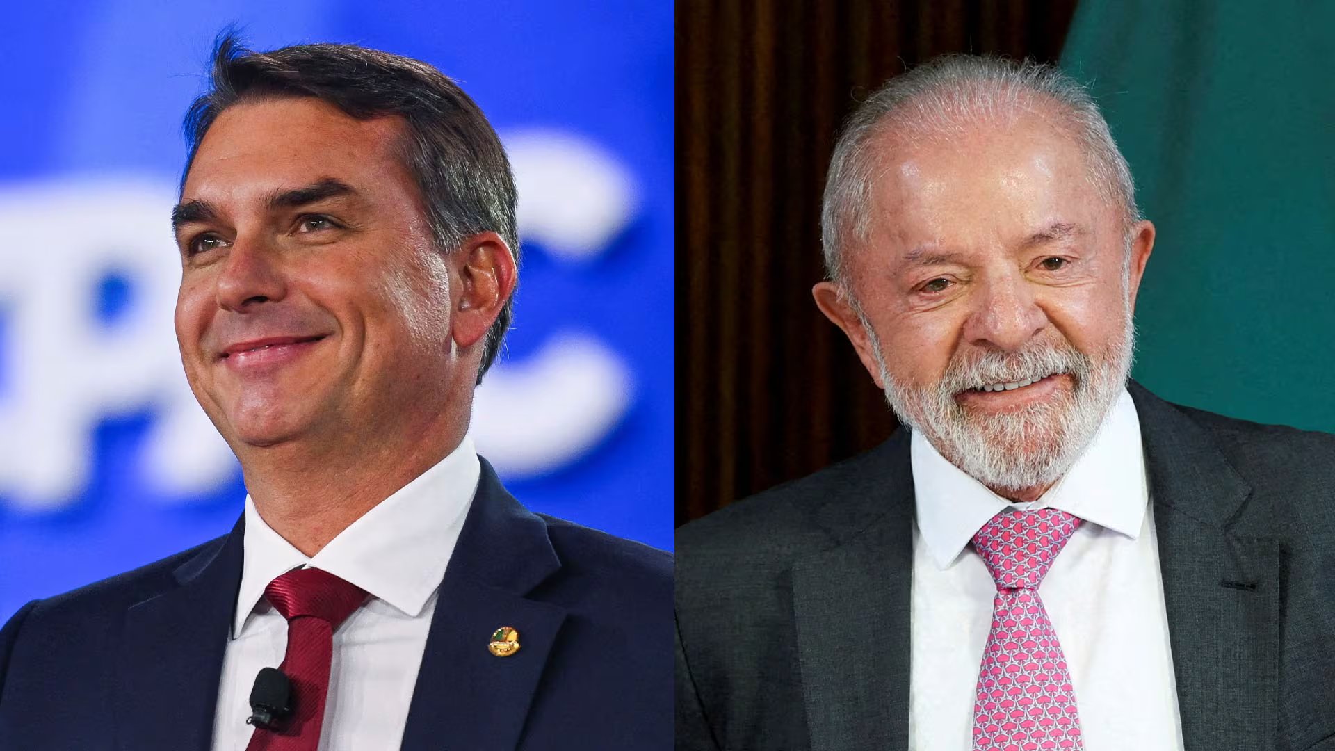 El senador Flávio Bolsonaro y el presidente Luiz Inácio Lula da Silva sonríen en una composición fotográfica que destaca a importantes figuras de la política de Brasil.